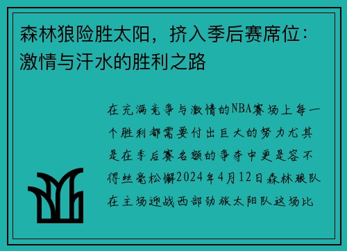 森林狼险胜太阳，挤入季后赛席位：激情与汗水的胜利之路